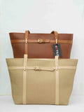 Two stylish tote bags, one tan and one brown, with gold buckles on a white background.