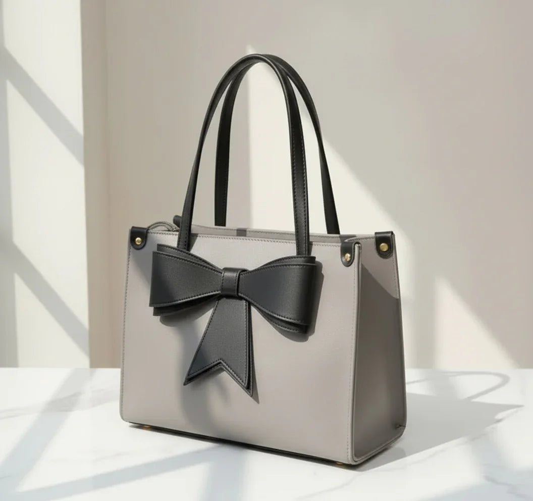 Gray handbag with black bow, double handles, sitting on a white surface in natural light
